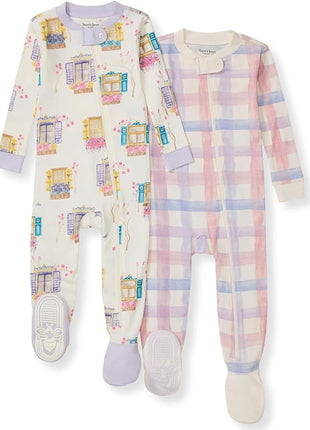 Burt's Bees Baby baby girls Pajamas, Zip Front Non-slip Footed Pjs, 100% Organic Cotton and Toddler Sleepers, Autumn Blooms 2-pk, 12 Months US