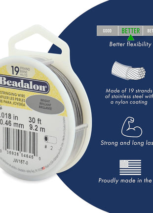 Beadalon 19 Strand Stainless Steel Bead Stringing Wire, .012 in / 0.30 mm, Bright, 30 ft / 9.2 m