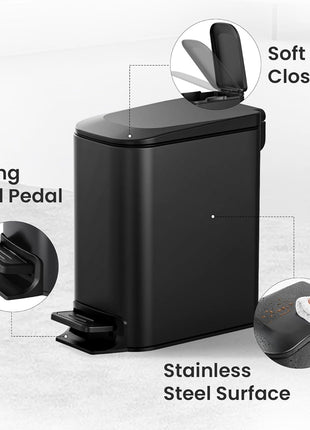Cesun Small Bathroom Trash Can with Lid, 1.6 Gal, Soft Close, Matte Black | Step pedal soft close, Slim 5.9in fits narrow spaces, Stainless steel, Anti-fingerprint, Removable inner bucket, Odor seal