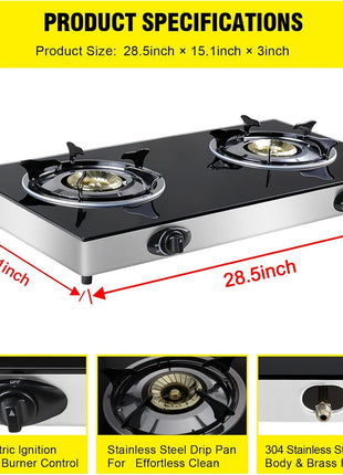 forimo Propane Gas Cooktop 2 Burners Gas Stove portable Tempered Glass Double Burners Stove Auto Ignition Camping Double Burner LPG for RV,Apartments,Outdoor