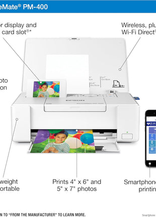 Epson PictureMate PM-400 Wireless Compact Color Photo Printer, white | Compact wireless photo printing; borderless 4 x 6 and 5 x 7 in., mobile support; ideal for home and travel