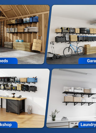 FLEXIMOUNTS 2-Pack 2x6ft Garage Shelving 24-inch-by-72-inch Heavy Duty Wall Mounted Shelves Garage Storage Rack Floating Shelves, 1400lbs Load Capacity, Black, Classic Series