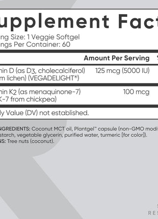 Sports Research® Vitamin D3 + K2 w/ Coconut Oil - Vegan Vitamin D 5000iu & Mk7 Vitamin K 100mcg for Bone & Immune Support - Vegan Certified · Non-GMO · Soy Free - 60 Softgels