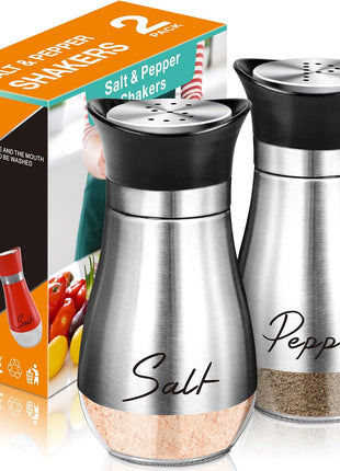 Salt and Pepper Shakers - 4 oz Silver Glass Set with Stainless Steel Lids | Refillable Glass Shakers with Stainless Steel Lids for Cooking, Dining, RV Trips, Camping and BBQs; 4 oz Capacity Each.