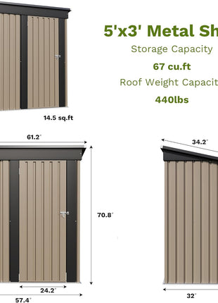 Patiowell 5x3 FT Outdoor Storage Shed, Tool Shed with Sloping Roof and Lockable Door, Metal Shed for Backyard Garden Patio Lawn, Brown