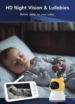 Baby Monitor with Camera and Audio, 2K HD Smart Video Baby Camera WiFi 5inch Screen, Night Vision, Temp Humidity Sensor, 2 Way Talk, Lullaby, Sleep Mode, Cry Detection, 1000ft Range, App Control