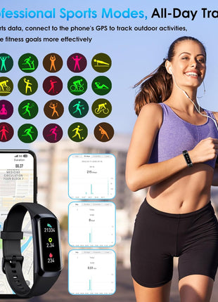 Fitness Tracker, 24/7 Heart Rate Blood Oxygen Blood Pressure Body Temp Monitor Sleep Calorie Tracker with 1.1inch AMOLED Touch Color Screen Pedometer Smart Watch Waterproof for Women Men