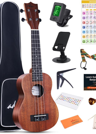 ADM Ukulele Beginner Kit Mahogany Hawaiian Wood Ukelele Bundle Ukalalee Set with Uke Free Starter Lessons for kids Students and Adults, Yellow Brown (Khaki, 21 inch)