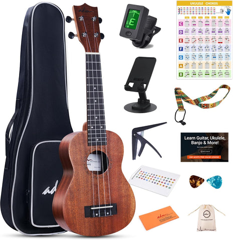 ADM Ukulele Beginner Kit Mahogany Hawaiian Wood Ukelele Bundle Ukalalee Set with Uke Free Starter Lessons for kids Students and Adults, Yellow Brown (Khaki, 21 inch)