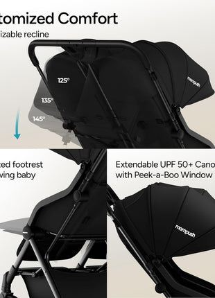 Mompush Lithe Double Stroller, Lightweight Side by Side, Infant & Toddler | 25 lbs design, 30-inch width fits doorways, one-step fold, independent recline, UPF50+ canopy, all-wheel suspension