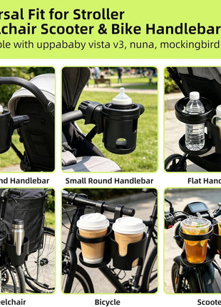 Cup Holder for Uppababy Vista V3, 2-in-1 360° Rotatable Cup Holder, Drink & Bottle Holder Compatible with Nuna, Mockingbird, Evenflo, Fits Bottles & Drink Cups, for Stroller, Wheelchair, Bike