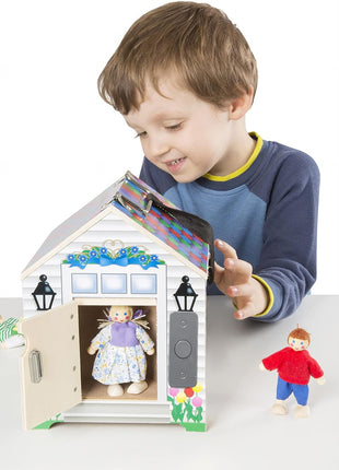 Melissa & Doug Take-Along Wooden Doorbell Dollhouse - Doorbell Sounds, Keys, 4 Poseable Wooden Dolls Portable Doll House, Doorbell House for Kids Ages 3+