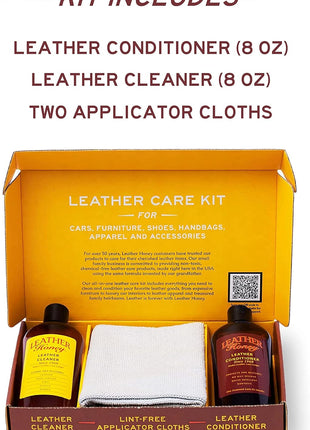 Leather Honey Complete Leather Care Kit: Cleaner, Conditioner, 2 Cloths. Non-Toxic Leather Care Made in the USA Since 1968. Restore Couches, Car Seats & Interior, Jackets, Shoes & Bags. for Any Color