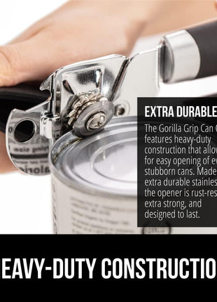 GORILLA GRIP Heavy Duty Stainless Steel Smooth Edge Manual Can Opener and Bottle Openers, Soft Comfortable Handle, Oversized Handheld Turn Knob, US Designed Multifunctional Kitchen Tool, Black