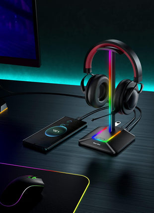 New Bee Headphone Stand with RGB Lighting, Sturdy Aluminum Gaming Headset Holder with USB-C & USB Charging Ports, Stable Desktop Earphone Stand for All Headphones Size, Black