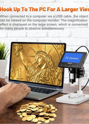 Elikliv Microscope, LCD Digital Coin Microscope 1000x, Coin Magnifier with 8 Adjustable LED Lights, PC View Compatible with Windows/MacBook, EDM4, 4.3-Inch