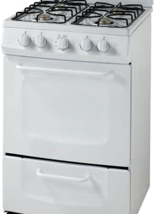 Avanti Gas Range Oven, Compact Freestanding Design, 2.6-Cu.Ft. Capacity 4 Sealed Burners with Electronic Ignition, Includes Broiler Storage Drawer and Accessories, 24-Inch, White