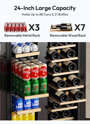 EUHOMY Wine and Beverage Refrigerator, 24 Inch Dual Zone Wine Cooler with Glass Door Hold 21 Bottles and 88 Cans, Built in or Under Counter Wine Fridge with Blue LED Light