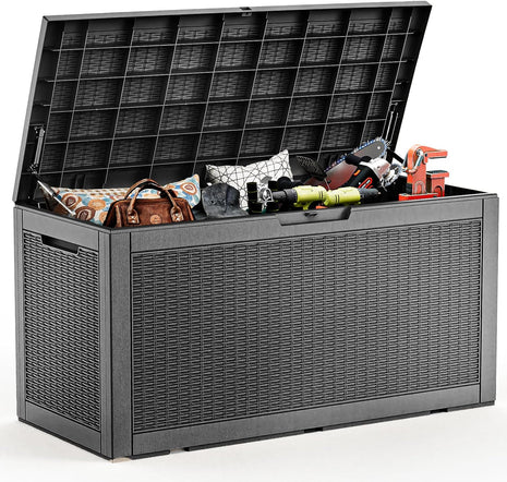 100 Gallon Deck Box,Resin Outdoor Storage Box with Lockable for Patio Furniture, Pool Accessories, Garden Tools Waterproof Outside Storage Box, Black