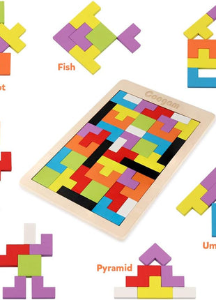 Coogam Wooden Blocks Puzzle Brain Teasers Toy Tangram Jigsaw Intelligence Colorful 3D Russian Blocks Game STEM Montessori Educational Gift for Kids (40 Pcs) | Wooden Puzzle Box Brain Game Building Block Intelligence Educational Gift for Toddlers