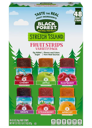 Black Forest, Stretch Island, Fruit Strips, Cherry, Apple, Raspberry, Grape, Strawberry, and Apricot, Zero Grams Added Sugar Non-GMO, 48 ct