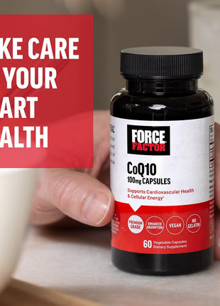 Force Factor CoQ10 100mg, Coenzyme Q10 Heart Health Supplement | Enhanced Absorption, Premium Grade Coq 10, Vegan, Dairy Free, Gluten Free, and Non-GMO, 60 Vegetable Capsules