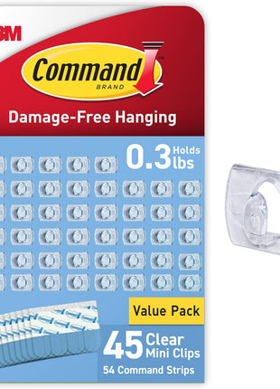 Command Clear Indoor Mini Light Clips Value Pack, 45 Clips, 54 Strips, Damage-Free String Light Hangers for Home, Room, Wall, Office, and Dorm Decor, Great for Cable Management, Holds up to 0.3 lb