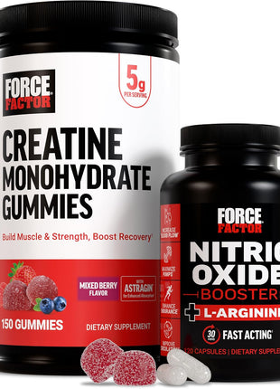 Force Factor Creatine Monohydrate Gummies & Nitric Oxide Booster, 5g Creatine + L-Arginine to Support Muscle Growth, Strength, Recovery, Circulation & Cognitive Health, 150 Gummies + 120 Capsules