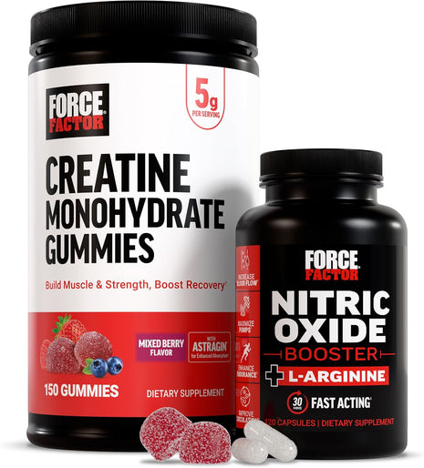 Force Factor Creatine Monohydrate Gummies & Nitric Oxide Booster, 5g Creatine + L-Arginine to Support Muscle Growth, Strength, Recovery, Circulation & Cognitive Health, 150 Gummies + 120 Capsules
