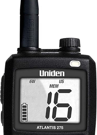 Uniden Atlantis 275 Handheld Two-Way VHF Marine Radio, Floating IPX8 Submersible Waterproof, Large Dual-Color Screen, 6-Watt, All USA/International/Canadian Marine Channels, NOAA Weather Alerts