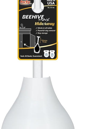 Korky BeehiveMAX Hideaway - Heavy Duty Toilet Plunger with Holder - Drip Free Carry - Seals All Bowl Shapes – Powerful Clog Removal, 97-5
