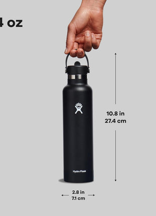 Hydro Flask Water Bottle - Insulated Stainless Steel - Straw Lid, Non Spill, Leakproof 24 Oz Black