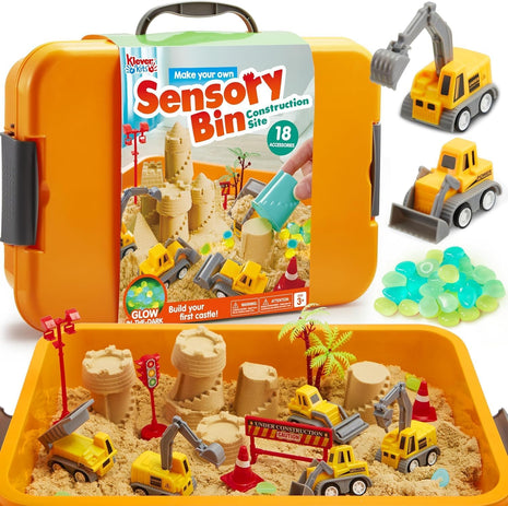 JOVA Klever Kits Construction Sensory Bin for Toddlers with Glow in The Dark Stones, Sandbox with Lid Castle Building kit, Preschool Learning Activities Gifts for Boys Girls Age 3+