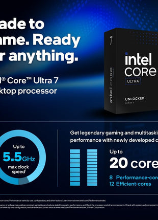 Intel Core Ultra 7 Desktop Processor 265KF - 20 cores (8 P-cores + 12 E-cores) up to 5.5 GHz