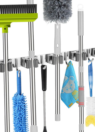 voze 5 Racks and 4 Hooks Mop and Broom Holder Wall Mount, Self Adhesive Heavy Duty Broom Hanger Organizer Storage Tool Racks for Kitchen Garden Laundry Garage