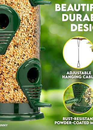 Bird Feeders for Outdoors (Green) Squirrel Proof Hanging Bird Feeder with Locking Lid & Adjustable Hanger, Chew-Proof, Weather Resistant 15 Inches 6 Port