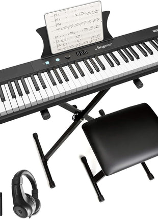 61 Key Keyboard Piano, Protable Electric Semi-Weighted Piano Keyboard for Beginner/Professional, With Power Supply, Built In Speakers, Pedal, Perfect for Birthday or Christmas(with stand, stool)