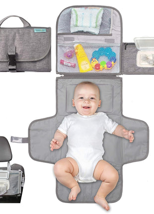 Kopi Baby Portable Diaper Changing Pad - Baby Diaper Changer Travel Bag with Wipes Pocket, Smart Design Portable Changing Mat, Infant Travel Station Kit, Gift for Newborn Girl & Boy - Grey, Classic