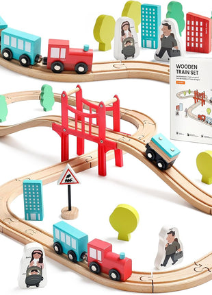 Tiny Land 39 Pcs Wooden Train Set for Toddler with Wooden Tracks | Compatible with Major Brands, Expandable, Changeable Train Toy for 3 4 5 Years Old Girls & Boys, Great Birthday Gift