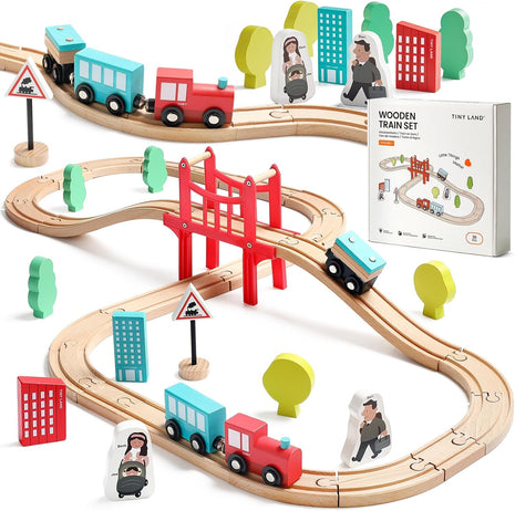 Tiny Land 39 Pcs Wooden Train Set for Toddler with Wooden Tracks | Compatible with Major Brands, Expandable, Changeable Train Toy for 3 4 5 Years Old Girls & Boys, Great Birthday Gift