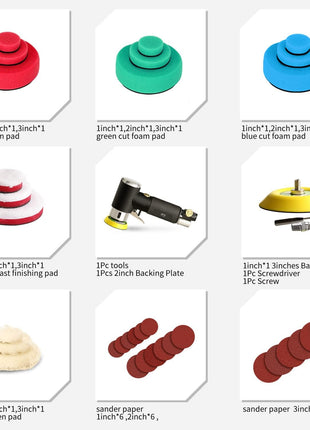 1/2/3 Inch Random Orbital Air Sander, Mini Pneumatic Sander for Auto Body Work, High Speed Air Powered Polisher with 15 Polishing Buffing Pads,18 Sandpapers