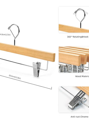 Nature Smile Solid Lotus Wood Deluxe Wooden Pants Hangers Bottom Hanger Jeans Hanger Skirt Hanger with 2-Adjustable Clips Anti-Rust Hook Pack of 10 (Natural)