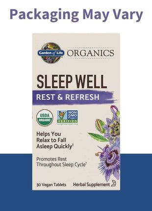 Garden of Life Organics Sleep Well Rest & Refresh Tablets with Lemon Balm, Green Tea Extract, Chamomile & Probiotics – Support for Restful Sleep & Relaxation, Non-GMO, Gluten-Free, Vegan, 30 Tablets