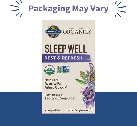 Garden of Life Organics Sleep Well Rest & Refresh Tablets with Lemon Balm, Green Tea Extract, Chamomile & Probiotics – Support for Restful Sleep & Relaxation, Non-GMO, Gluten-Free, Vegan, 30 Tablets