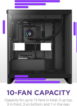 NZXT H7 Flow - Mid-Tower ATX Airflow PC Case - Black | Airflow-first ATX mid-tower. Bottom-mount fans for direct GPU cooling, 420mm front radiator support, clean cable routing.