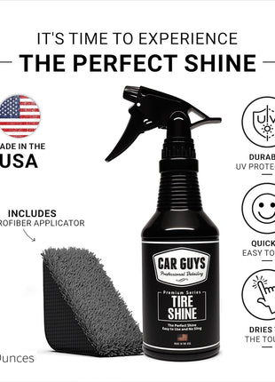 CAR GUYS Tire Shine Spray - The Perfect Deep Black Shine - Long Lasting Car Tire Dressing - No Sling & Dry to Touch - 18 Oz Kit with Applicator