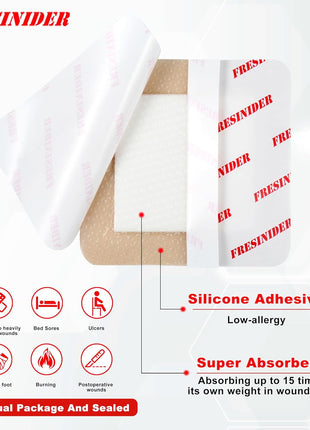 FRESINIDER Silicone Foam Dressing with Adhesive Border – Wound Dressing Bandage – Silicone Foam Pad – Pack of 10 – 4 x 4 Inches Large Waterproof Bandages – Self Adhesive Wound Care and Dressings