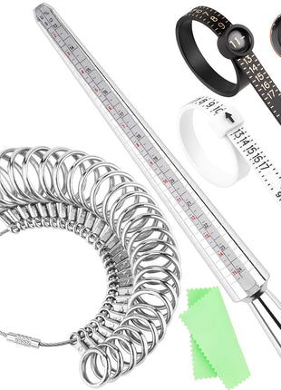 UUBAAR Ring Sizer Measuring Tool Kit, Aluminum Mandrel, 27 Stainless Steel Ring Sizing Gauge Measurer (US Size 0-13), 2 Finger Belts 1-17 (1 with Magnifier), Polishing Cloth, Men Women Wedding Jewelry