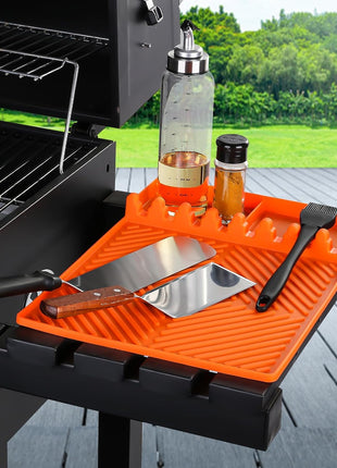 Silicone Tools Mat for Griddle Kitchen Cooking Baking Countertop-Side Shelf Spatula Mat with Drip Pad for Blackstone Weber Traeger Pit Boss Flat Top Grill Smoker- BBQ Accessories Gifts for Men(Orange)