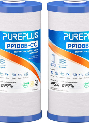 PUREPLUS 5 Micron 10" x 4.5" Whole House Sediment and Carbon Water Filter Replacement Cartridge for GE FXHTC, GXWH40L, GXWH35F, GNWH38S, Culligan RFC-BBSA, WRC25HD, PP10BB-CC, Pentek RFC-BB, 2Pack